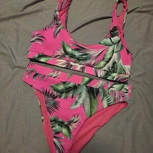Beach Riot Pink and Green Leaf Swimsuit